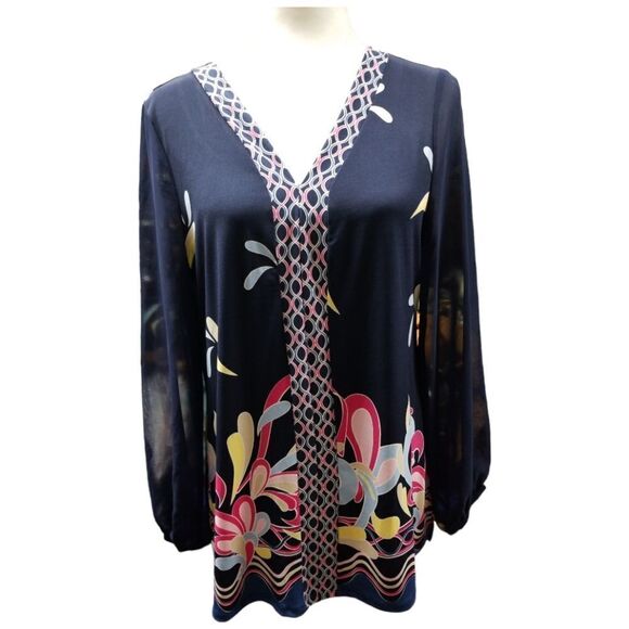 JM Collection Border Print Split Neckline Long Sheer Sleeves Medium - Picture 8 of 8